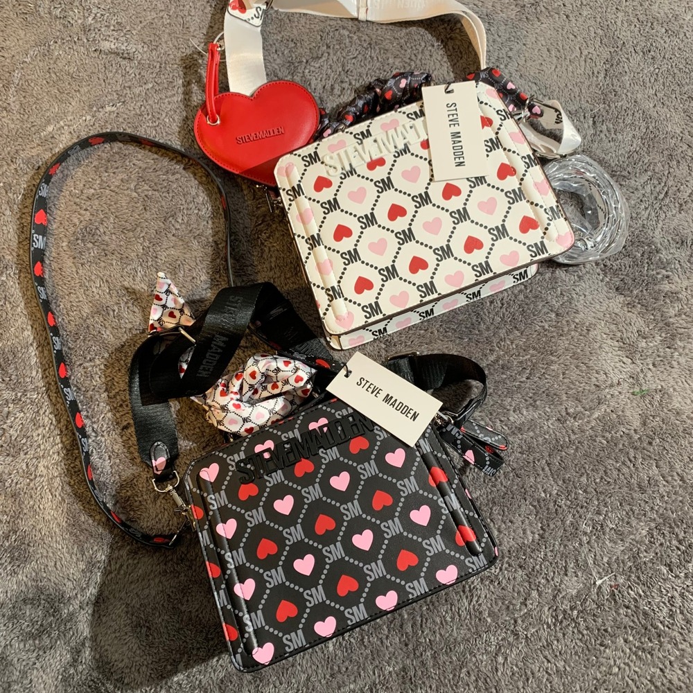 Steve Madden Heart Monogram Crossbody Bag with Scarf Handle White + Black BUNDLE